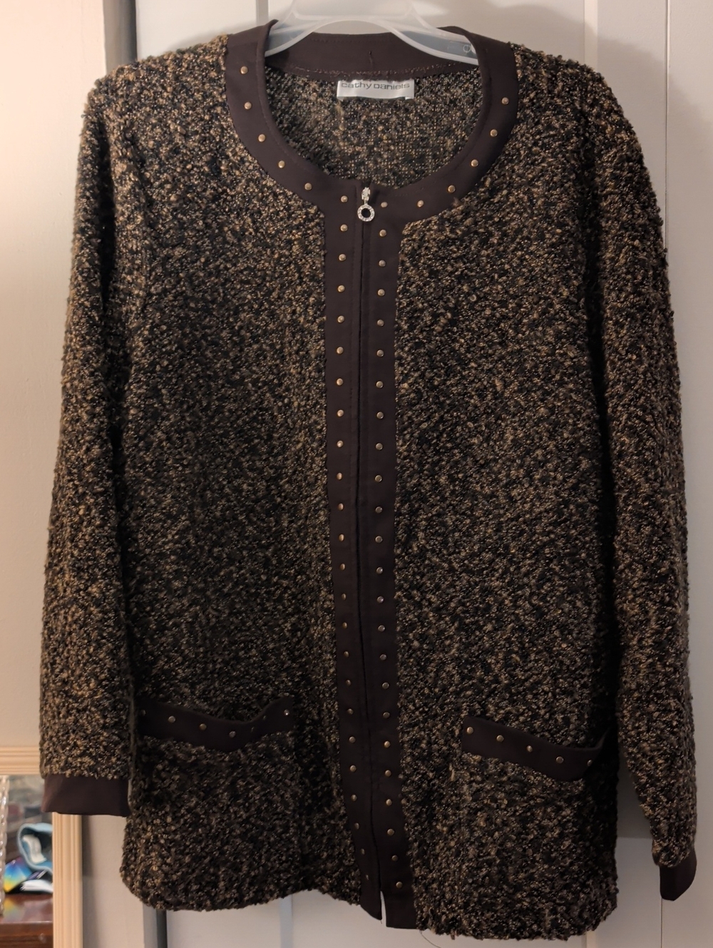 Cathy Daniels Collection Brown Tweed Zip-Up Cardigan with Stud Trim